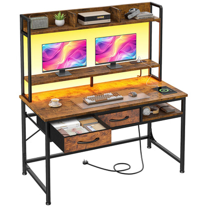 39.4"Office Desk with 2Drawers&Hutch,Computer Desk with Storage Rack&Monitor Stand,Gaming desk with LED&Power Outlet,Modern Study Writing Desk for Bedroom Home Office,Small Space,Rustic Brown