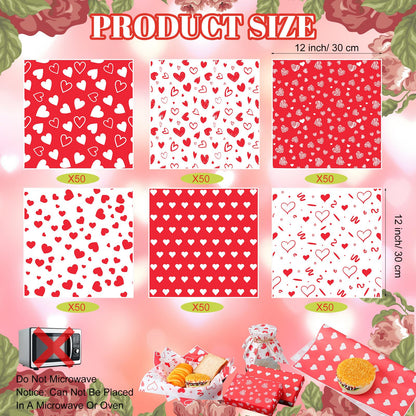 Ireer 300 Pcs Red Heart Wax Paper Sheets Parchment for Food Deli Paper 12x12 Inch Waterproof 6 Style Heart Valentine Mom Teacher Gift Wrapping Picnic Basket Liners Greaseproof Wrapping Wedding Party