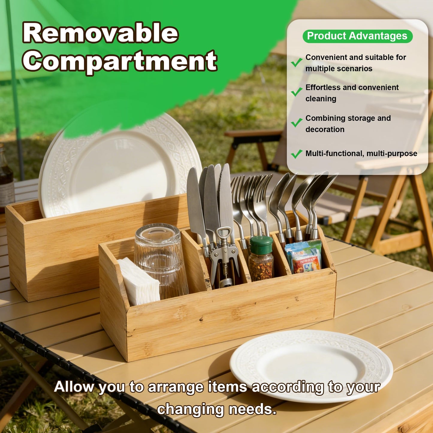 Large Kitchen Utensil Holder Caddy, 6 Compartments Wooden Utensils Organizer for Cooking Utensils, Silverware, Paper Plate, Spoon, Fork, Cutlery Storage on Kitchen Countertop for Party Hosting