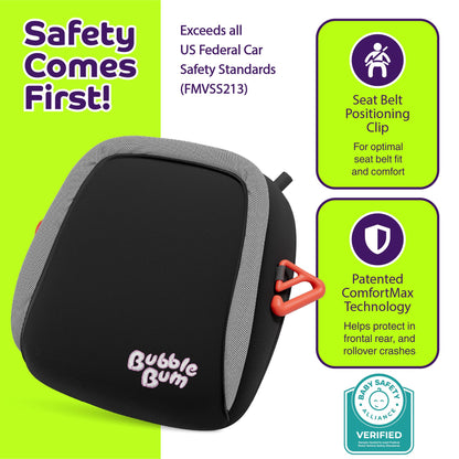 BubbleBum Inflatable Booster Car Seat – Foldable, Lightweight, Backless Travel Booster Seat for Kids, Portable Carseat for Toddler, Fits 3 Across, Compact for Uber - Ages 4-11 Year Old, - Black