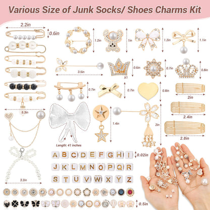 463 Pieces Junk Socks Charms Kit – Shoe Charms for Sneakers with Letter Beads, Safety Pins, Gold Brooches, Lace Shoelaces, Bead Embellishments, DIY Personalization Shoe Sock Accessories for Women