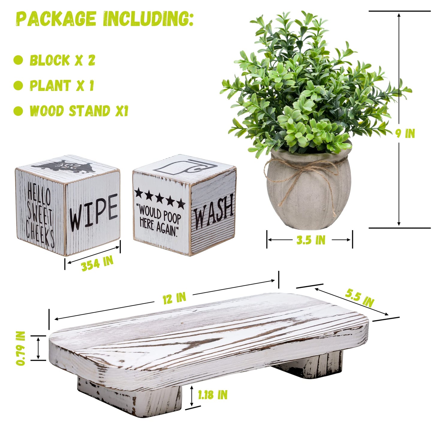 Liswit Farmhouse Funny Bathroom Decor Signs, 3 Wooden Blocks with Plant & Tray, Rustic Decoration for Bathroom Countertop