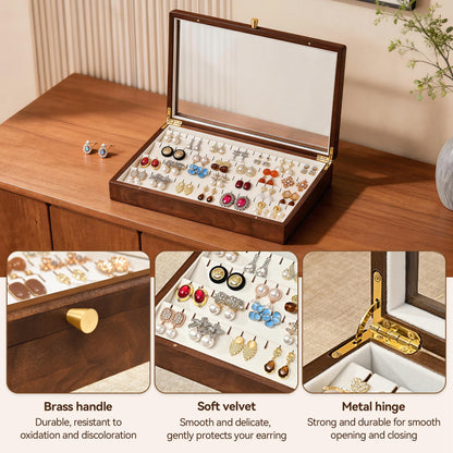 Vwixkuxx Black Walnut Wooden Earring Box, 40 Pairs Earrings Natural Solid Wood Jewelry Organizer Tray with Clear Glass Lid, Desktop Velvet Lined Holder Display Case for Women Girls Gifts for Mom.