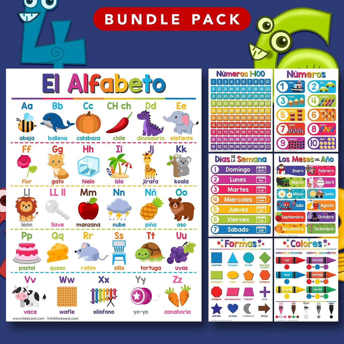 Spanish Educational Posters for Kids – Bundle of 14 Bilingual Classroom and Homeschool Learning Chart Decorations and School Materials, Preschool to Grade 3 | Durable, Glossy Cardstock | 8.5" x 11"