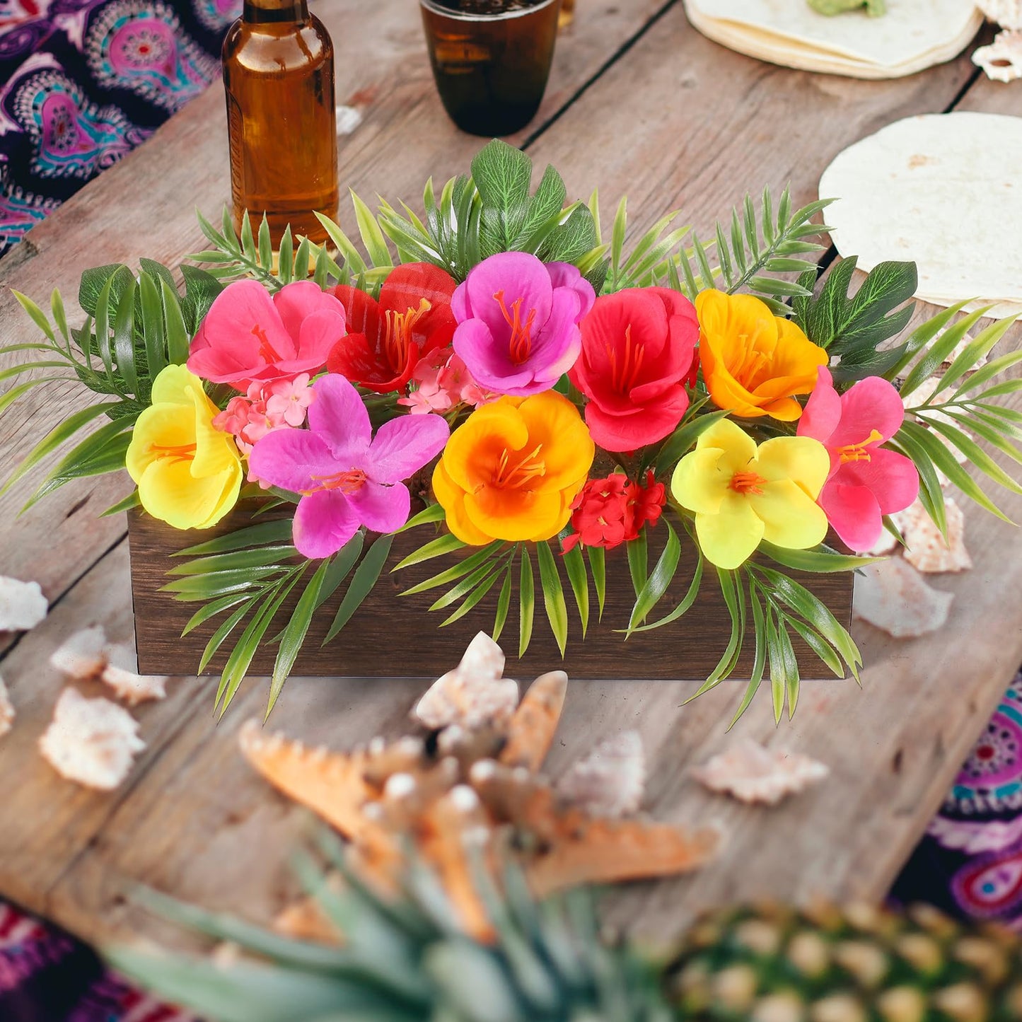Dlerom Hawaiian Table Centerpieces Artificial Hibiscus Flowers Arrangements Wooden Crate, Wooden Planter with Tropical Palm Leaves for Summer Beach Tiered Tray Shelf Table Home Aloha Luau Party Decor