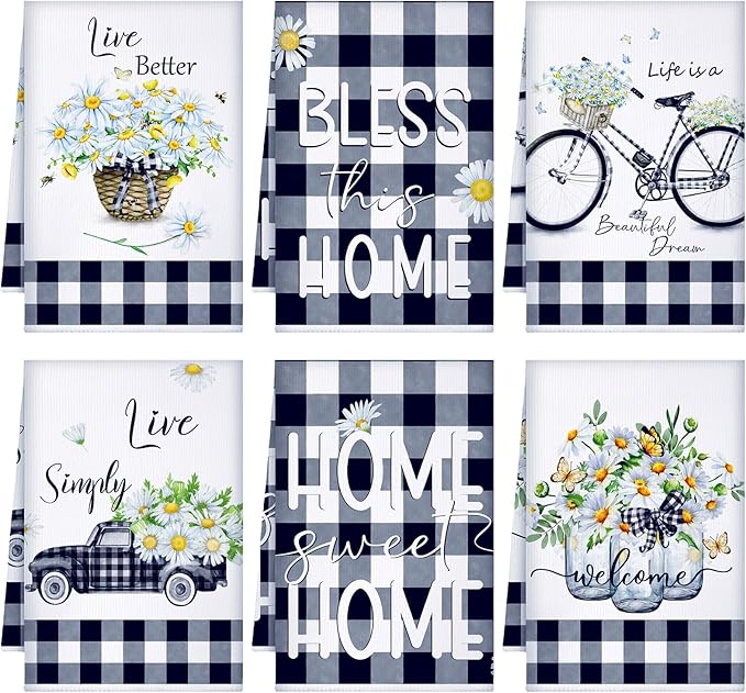 Geyoga 6 Pcs Spring Floral Kitchen Towels Flamingo Dish Hand Towels Sunflower