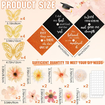 Dunzoom 34 Pcs DIY Graduation Cap Decorations Accessory Kit Artificial Flowers Inspirational Cardstock 3D Butterfly Stickers for DIY Hat Grad Cap Topper Graduation Party Supplies(Orange)