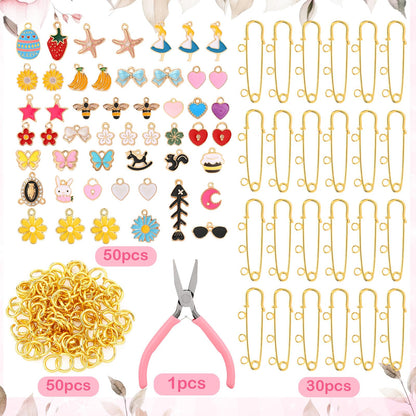Tondiamo 131 Pcs Brooch Pins Making Kit Brooch Charms for Women Shirt Sweater Shawl Clips Bling DIY with 50 Pendants 50 Jump Rings and Tool Safety Pins with 3 Loops Bulk for Sock Pant Waist Tightener