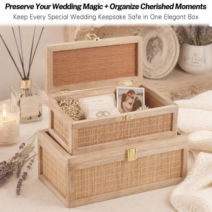 HuiDao Natural Bamboo Decorative Box with Lids, Unique Decorative Boxes Set of 2, Boho Wedding Keepsake Box, Memory Box with Lid for Crafts, trinkets and Photo Storage