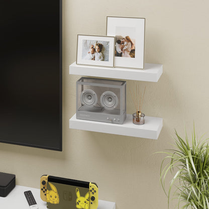 BAMEOS Floating Shelves, White Wall Mounted Wooden Shelves with Invisible Brackets Set of 2, Hanging Wall Shelves Decoration for Bedroom, Bathroom, Living Room and Kitchen