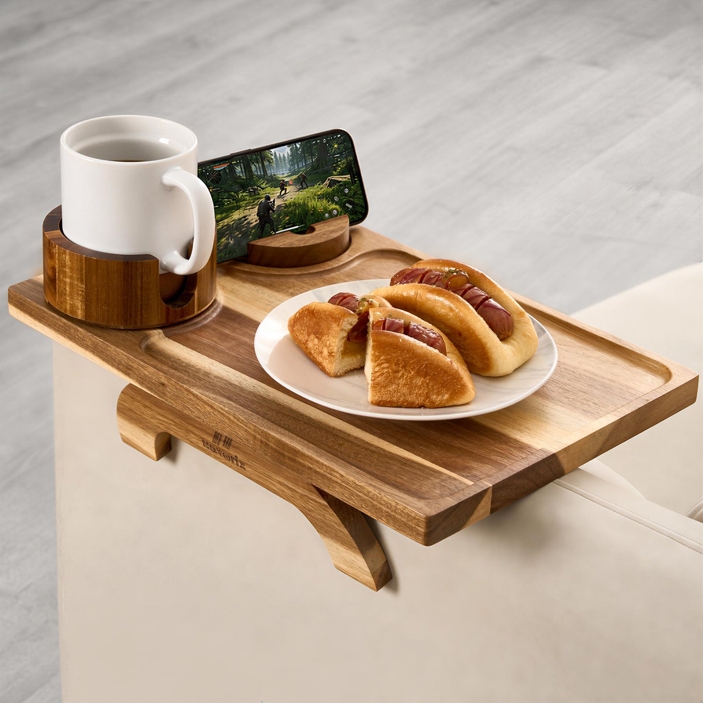 NAVORIX Acacia Wood Serving Tray with Handles - 17'' x 13'' Round, Decorative Ottoman Trays for Breakfast, Home Decor, TV Tray, Tea Party, Coffee Table, Candle Display, Kitchen Counter Board