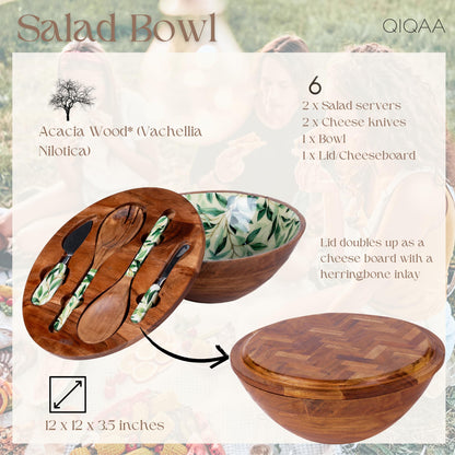 QIQAA Acacia Wood Fruit Bowl for Kitchen Counter | Wooden Salad Bowl For Food | Herringbone Inlay Lid Salad Tongs cheese knives | No Leaks | Designed in USA Handmade In India 12x12x4.75 (Light)