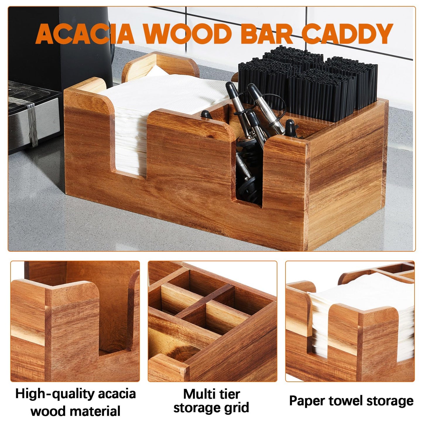 Mifoci Wooden Bar Caddy with 6 Compartments, Acacia Wood Bar Caddy Napkin & Straw Holder Organizer Cocktail Napkin Holder Condiments for Home Office Kitchen Countertop (Brown)