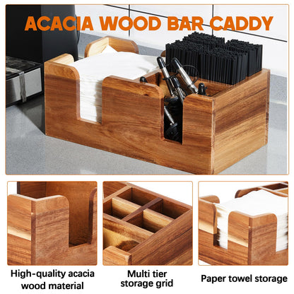 Mifoci Wooden Bar Caddy with 6 Compartments, Acacia Wood Bar Caddy Napkin & Straw Holder Organizer Cocktail Napkin Holder Condiments for Home Office Kitchen Countertop (Brown)
