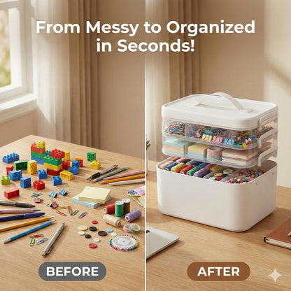 MERATIA 13.3 QT Art Supply Organizer Box with Handle, White 3-Tier Stackable Craft Storage Container with Removable Trays for Markers, Paints, Beads and Sewing Accessories 11.1''x7.7''x9.1''