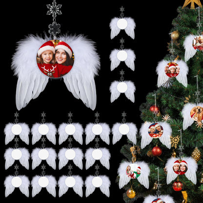 Huwena 48 Pcs Christmas White Angel Wings Ornament Angel Feather Wings with Round Sublimation Blank Pendants Hanging Acrylic Snowflake Crystal Ornaments for Christmas Tree DIY Crafts Party Decor