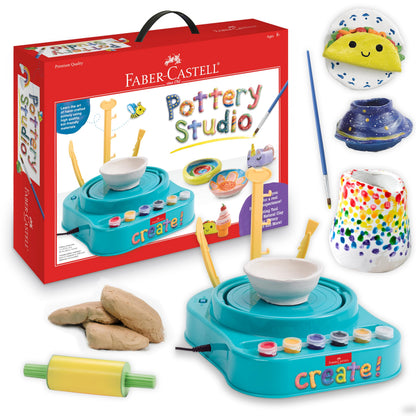 Faber-Castell Pottery Studio - Complete Pottery Wheel and Painting Kit for Beginners, 3 lbs of Sculpting Clay and Tools (Ages 8+)