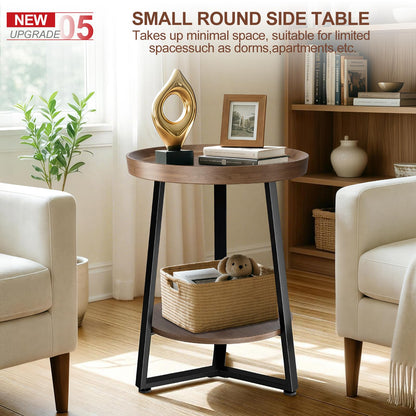 Round End Table, 2-Tier Tray Top Side Tables with Storage Shelf, Ultra Stable Coffee end Table/Nightstand, Modern Farmhouse Couch Table for Living Room, Bedroom, Bedside Stand or Small Spaces, Walnut