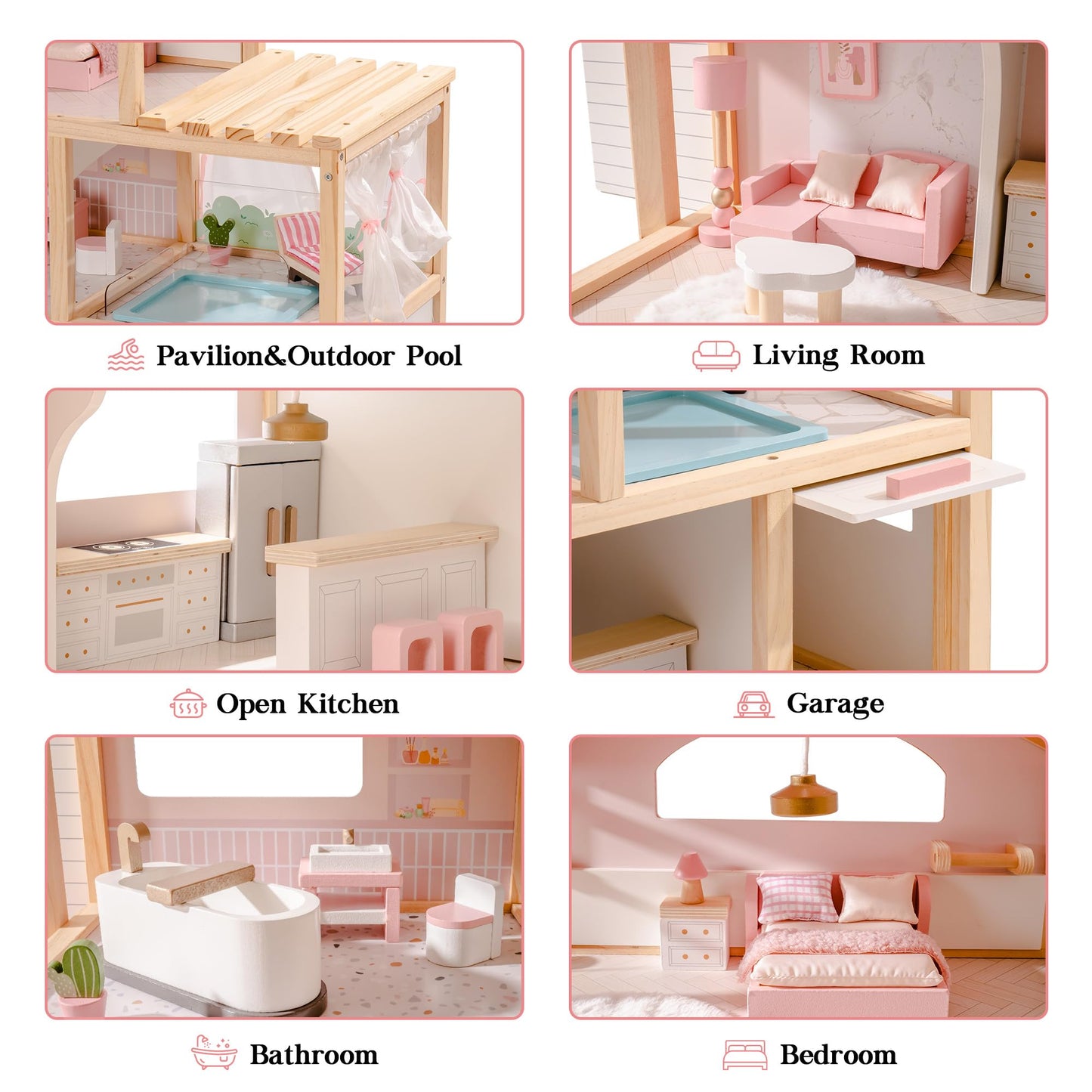 ROBOTIME Wooden Dollhouse, Doll House with 29 Pieces Furniture Set - Pool and Elevator, Wooden Doll House for 4, 5, 6-Inch Dolls, 6 Rooms Pink Dollhouse Gift for Kids Girls Ages 3+ (Pink)