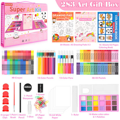 Soucolor Art Supplies, 283 Pieces Drawing Set Art Kits with Trifold Art Easel, 2 Drawing Pads, 1 Coloring Book, Crayons, Pastels, Arts Gifts Case, Coloring Set
