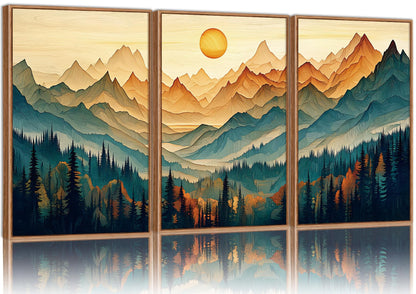 Tinonedraw Large Mountain Framed Canvas Wall Art Set of 3, Boho Nature Forest Wall Decor, Neutral Wooden Pine Trees Artwork, Sunrise Ridge Landscape Art Printing for Living Room Bedroom Office 24"x36"