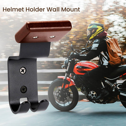 TOKCKYBL Motorcycle Helmet Holder Wall Mount - Solid Wood & Steel Gear Organizer Rack with 2 Hooks, Heavy Duty Display Hanger for Helmets, Football Gear, Ski Equipment, Hats, Jackets - 2 Pcs