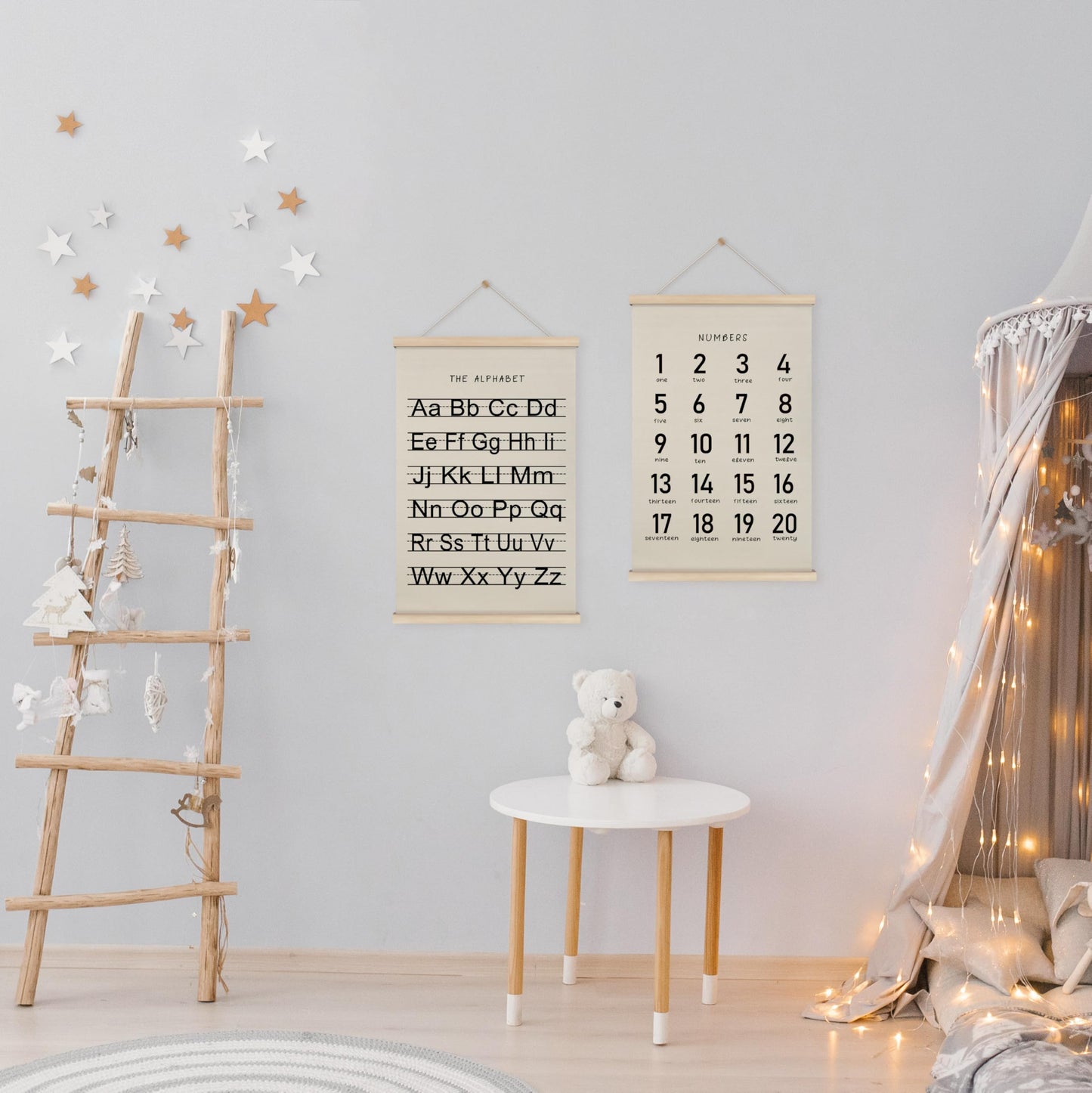 HRQKO Alphabet Numbers Poster Hanger Frame Set of 2, Nursery Wall Decor, Black ABC Poster Wall Art with Wooden Frames, Alphabet Banner Wall Hanging Decor for Boy Toddler Room Playroom, 16x24 inch