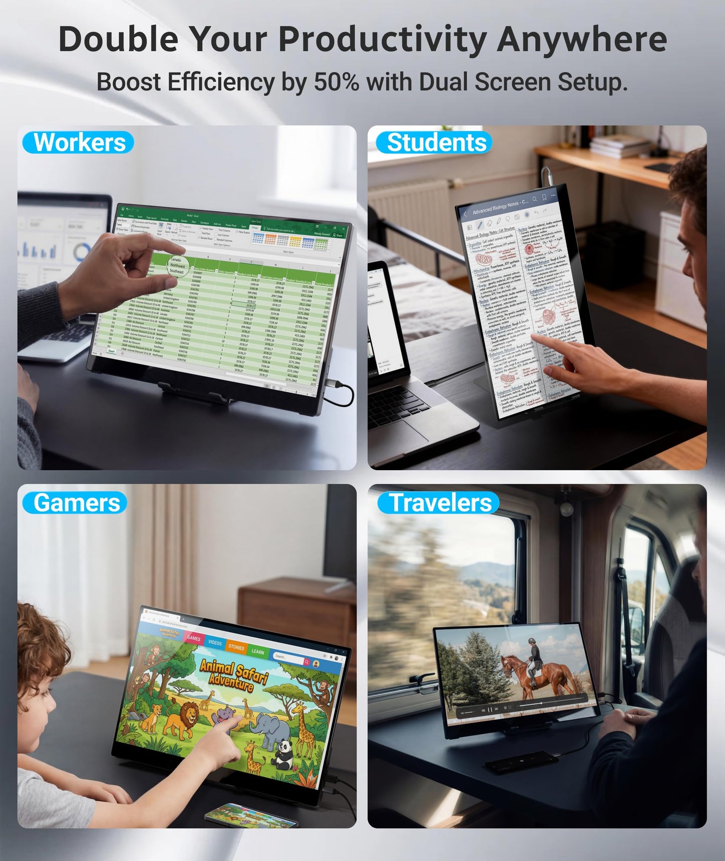 Ingnok Portable Monitor,15.6 inch 10 Point Touchscreen, FHD 1080P Laptop Screen Extender,Multi-Touch Gestures for Laptop,Mac, DC Dimming EyeCare, Adjustable Stand,USB C HDMI