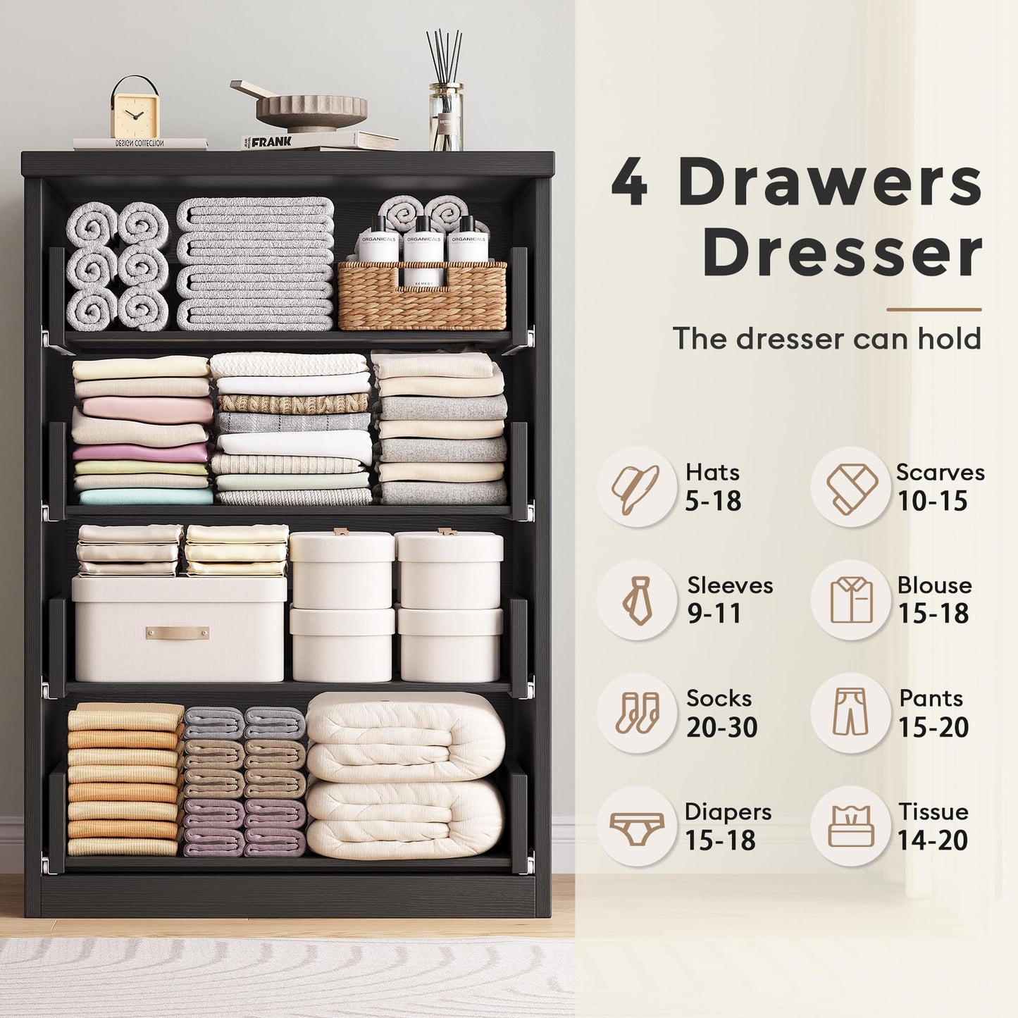 Jocoevol 4 Drawer Dresser for Bedroom, Black Dresser Chest of Drawers - Large Wood Dressers TV Stand with Deep Drawers Dressers for Living Room, Hallway, Entryway - Black