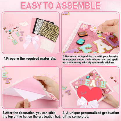 35 Pcs Teacher Theme DIY Graduation Cap Decorations White Lace Trim White Bows Heart Paper Cutouts Iron On Letters Patches Plastic Patches for DIY Hat Grad Cap Topper Graduation Party Supplies