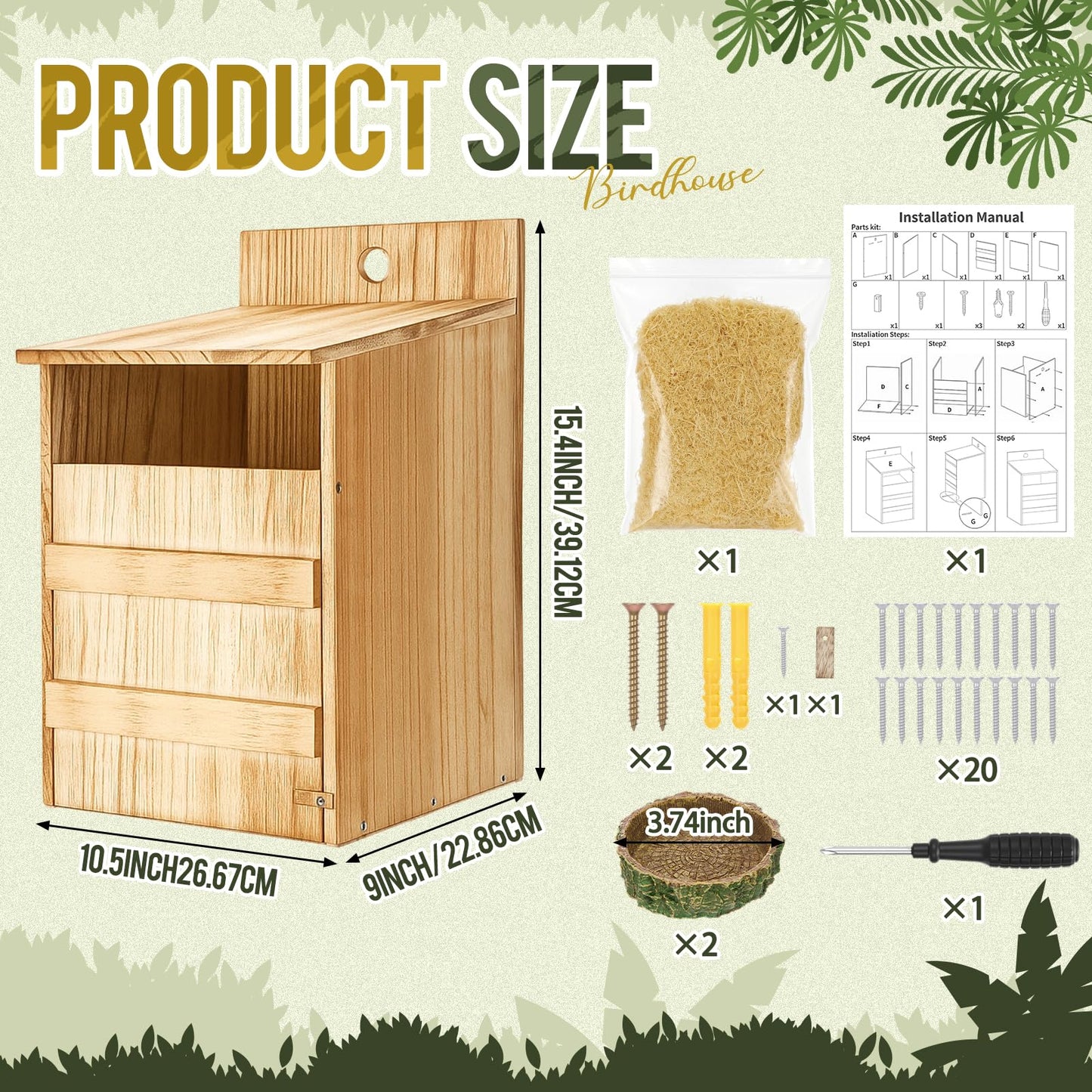 AceOrbit 2 Pack Large Squirrel House Screech Owl Nesting Box Kit for Outside 15.4 x 10.5 x 9'' Carbonized Wooden Bird House Opening Easy Assemble Easter Shelter Gift with Water Bowl Wood Shavings Tool