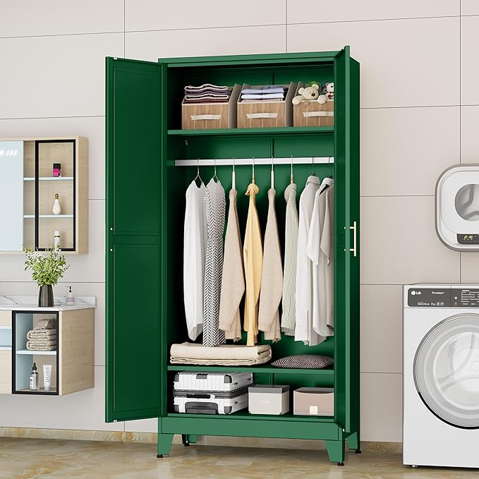GAIOUS Metal Wardrobe Cabinet with Hanging Rod, Clothing Storage Cabinets | with 2 Doors and Adjustable Shelves, 71" Metal Green Armoire Wardrobe Closet for Bedroom, Laundry Room, Cloak Room