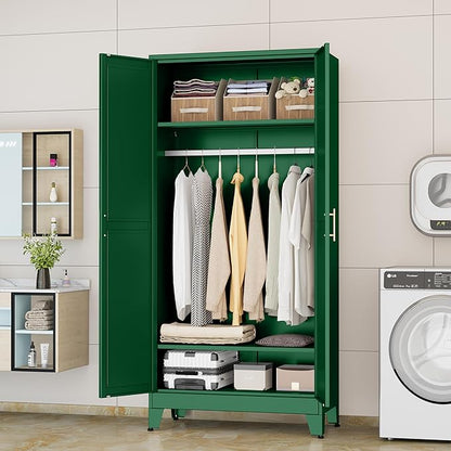 GAIOUS Metal Wardrobe Cabinet with Hanging Rod, Clothing Storage Cabinets | with 2 Doors and Adjustable Shelves, 71" Metal Green Armoire Wardrobe Closet for Bedroom, Laundry Room, Cloak Room