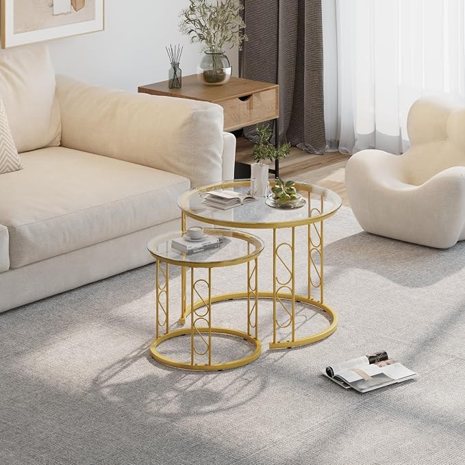 Garden 4 you Nesting Coffee Table, 23.6" Round Coffee Table Set of 2, Glass Nesting Table with Metal Frame, Ceter Tables for Living Room Bedroom Balcony, Gold