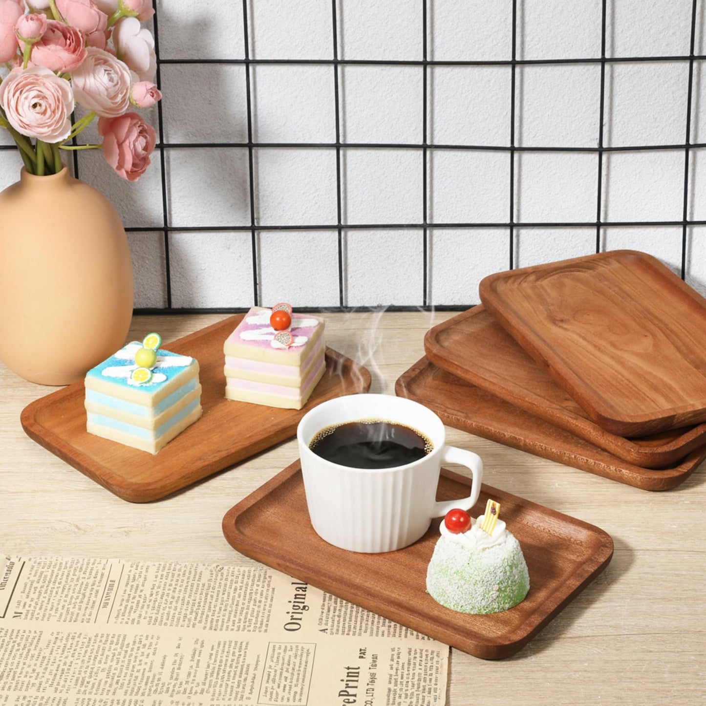 6 Pack Solid Wood Serving Platters and Tray with Edge, Natural Ebony Wood Pallet, Rectangular Wooden Serving Platters Mini Charcuterie Board, for Kitchen Counter Bathroom Home Decor Party, 8" x 5"