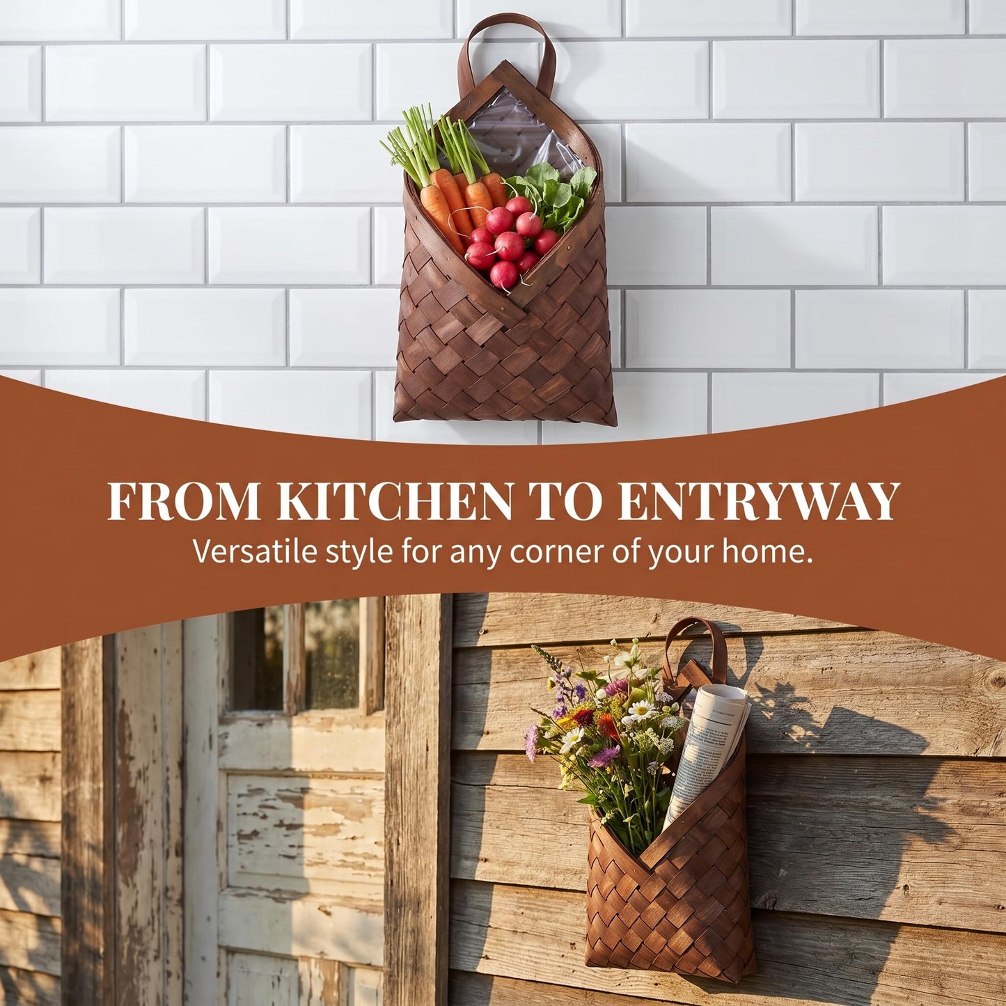 Hemobllo Woven Hanging Wall Basket for Storage, Handmade Wooden Flower Bag for Wall Decor, Rustic Farmhouse Hanging Fruit Basket for Kitchen, Boho Entryway Mail Organizer & Flower Girl, Coffee