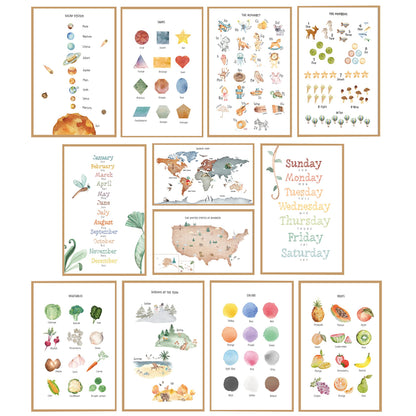 Educational Posters for Toddlers 11x17" Set of 12 - Learning Preschool Posters - Including: Alphabet , Numbers, Months, Days of the Week, Worldmap, USA Map, Solar System, Seasons, Shapes, Colors,