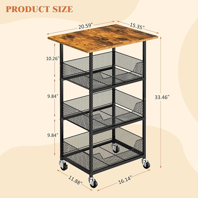 ThreeHio Rolling Kitchen Microwave Cart with Fruit Baskets, 4 Tier Microwave Table Stand with Storage, Kitchen Storge Shelf on Wheels Small Rolling Cart Organizer Rack for Pantry, Living Room