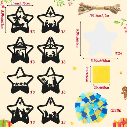 CJiangpo 24 Sets Christmas Nativity Suncatcher Paper Craft Kits, DIY Stained Glass Effect Window Ornament Rainbow Tissue Paper Art Craft for Kid Classroom Activities Christian Religious Party Decor