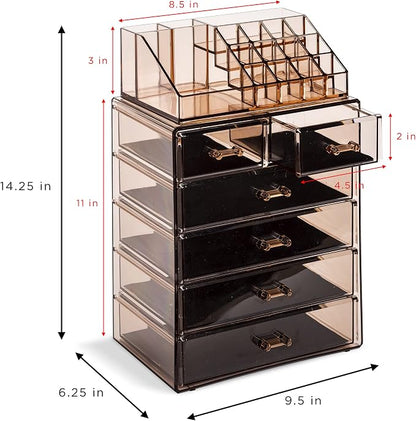 Sorbus Acrylic Makeup Organizer Set, 6-Drawer Vanity & Countertop Cosmetic Storage with Small & Wide Compartments, Bronze Glow Makeup Storage for Brushes, Jewelry – Holiday Gift for Women & Teens