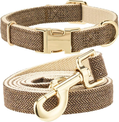 Luxury Soft Cotton Tweed Fabric Dog Collar & Leash Set with Gold Buckle – Durable Fabric, Stylish Design for Everyday Walks(Large Coffee)