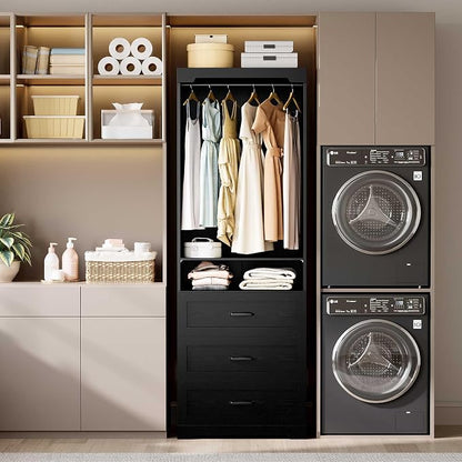 IRONCK Freestanding Closet System with 3 Wood Drawers, Modern Armoire Wardrobe with Adjustable Shelves & Hanging Rod, Walk-in Closet Systems Organizer for Small Closet, Black