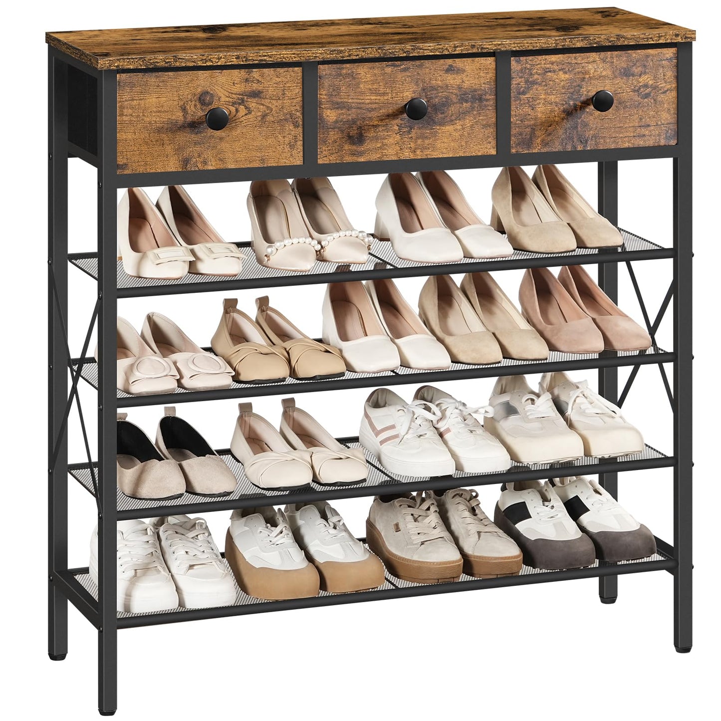 YATINEY 5-Tier Shoe Rack with 3 Drawers, Metal Shoe Organizer for 20 Pairs with Storage Shelves and Wooden Top, for Entryway, Hallway, Foyer, Closet, Rustic Brown and Black SS35BR