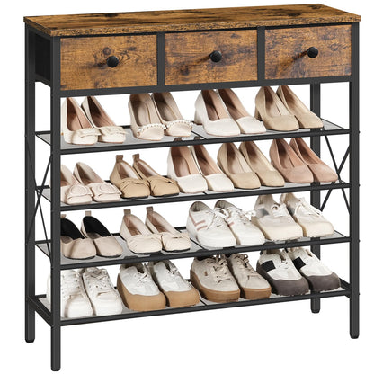 YATINEY 5-Tier Shoe Rack with 3 Drawers, Metal Shoe Organizer for 20 Pairs with Storage Shelves and Wooden Top, for Entryway, Hallway, Foyer, Closet, Rustic Brown and Black SS35BR