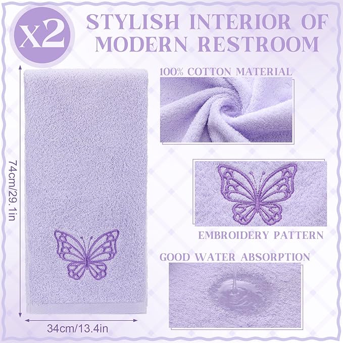 2 Pcs Butterfly Hand Towels Light Purple Bathroom Decor 14x29 Inch Embroidered