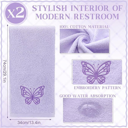 2 Pcs Butterfly Hand Towels Light Purple Bathroom Decor 14x29 Inch Embroidered