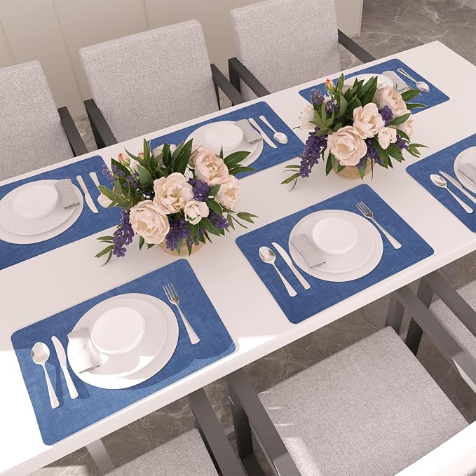 Maxpearl Faux Leather Placemats Set of 6 - Waterproof - Wipe Clean - Heat Resistant - Anti Slip Dining Table Place Mats, Suitable for Indoor & Outdoor Use, 17’’×12’’, Navy Blue