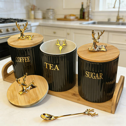 Bryasha Airtight Ceramic Canisters Set of 3 with Wooden Tray - Kitchen Counter Storage Containers for Sugar, Coffee, Tea - Food Storage Jars With wooden lid and spoon Rotating Deer (black)
