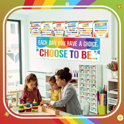 Sproutbrite 7 Educational Posters & Charts - 1 Big Banner 13.5" x 39" and 6 Smaller 12" x 13.5" - Kindness Posters – Motivational Chart and Wall Decor for Pre, Elementary and Middle School - Encourages Positive Choices and Character Development