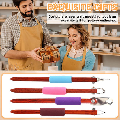 Lanties 4 Pcs Pottery Carving Tool Set Sculpture Scraper Craft Modelling Tools Red Pear Wood Texture Handle with Stainless Steel Blade for Clay Carving, Ceramic Sculpting, Graffito (Wonderful Color)